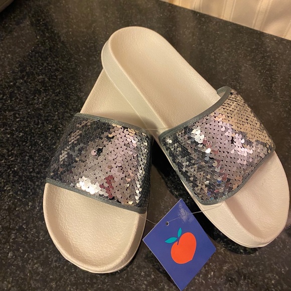 White and Charcoal Grey Sequinned Slides - Picture 2 of 4